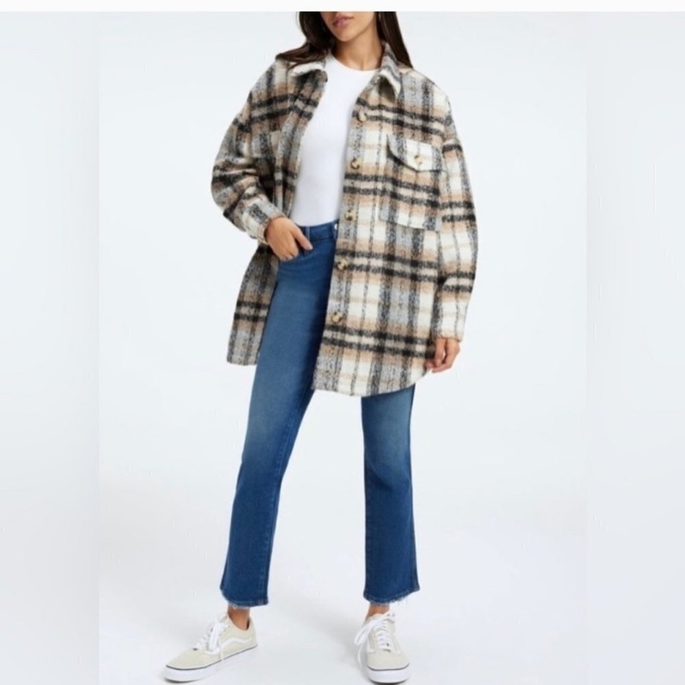 Good American Button Down Neutral Plaid Shacket NWT
